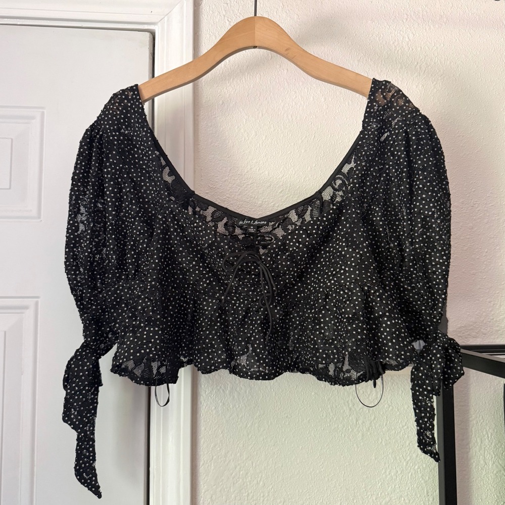 FOR LOVE & LEMONS black white polka dot lace puff short sleeve cropped blouse